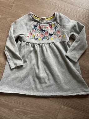Mini Boden Grey Knit Dress with Colorful Bird Embroidery